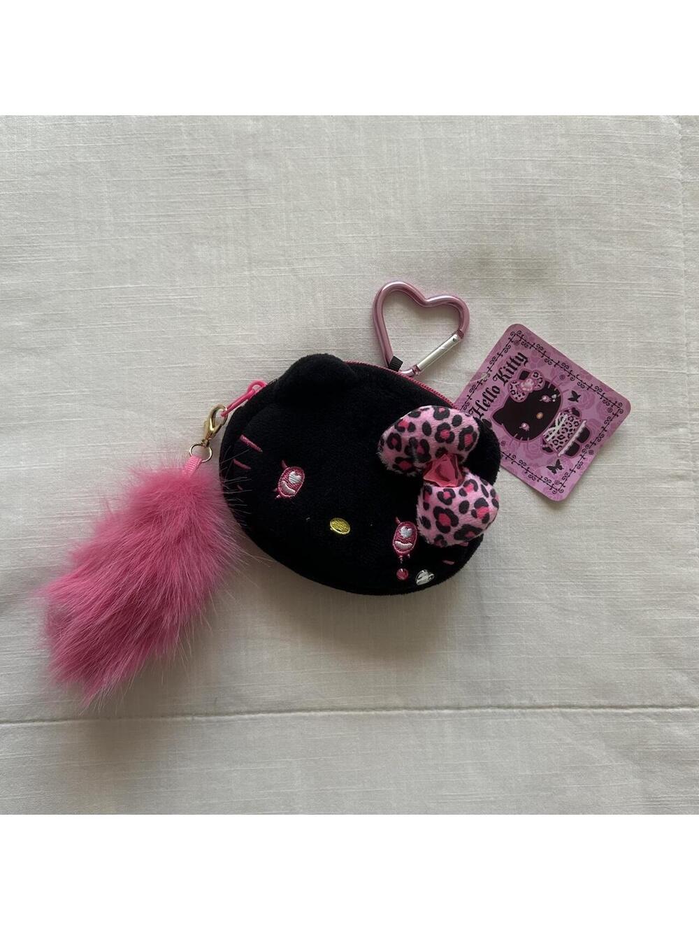 Sanrio Hello Kitty Coin Pouch Black Pink Leopard Bow Fur Charm NWT Japan